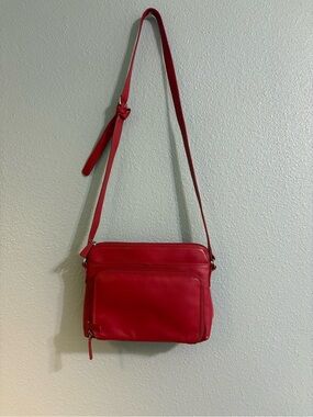 Compact Red Leather Crossbody Bag with Front Zip Pocket